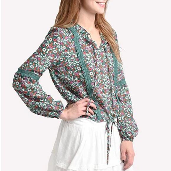 NWT Jack by BB Dakota Going To California Floral Peasant Blouse Green Womens XS - Picture 1 of 5